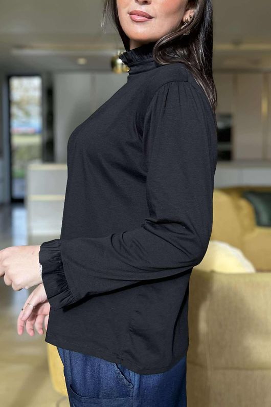 Essential Body Stretch Cotton Ruffle Neck Layering Top Black - 